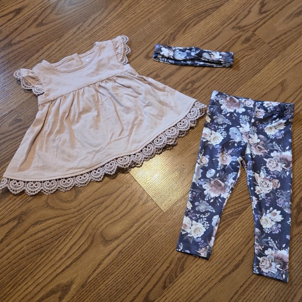 Savannah Pastel Pink Top Lace Trim Floral Pants Matching Baby Set Headband 3-6M